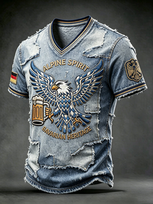 Herren deutsche Fußball Adler Bier Cowboy Patchwork Print Freizeit T-Shirt mit V-Ausschnitt