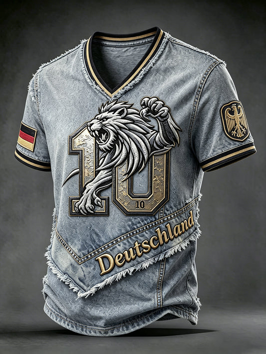 Herren Deutsche Fußball Adler Cowboy Patchwork Print Freizeit T-Shirt mit V-Ausschnitt