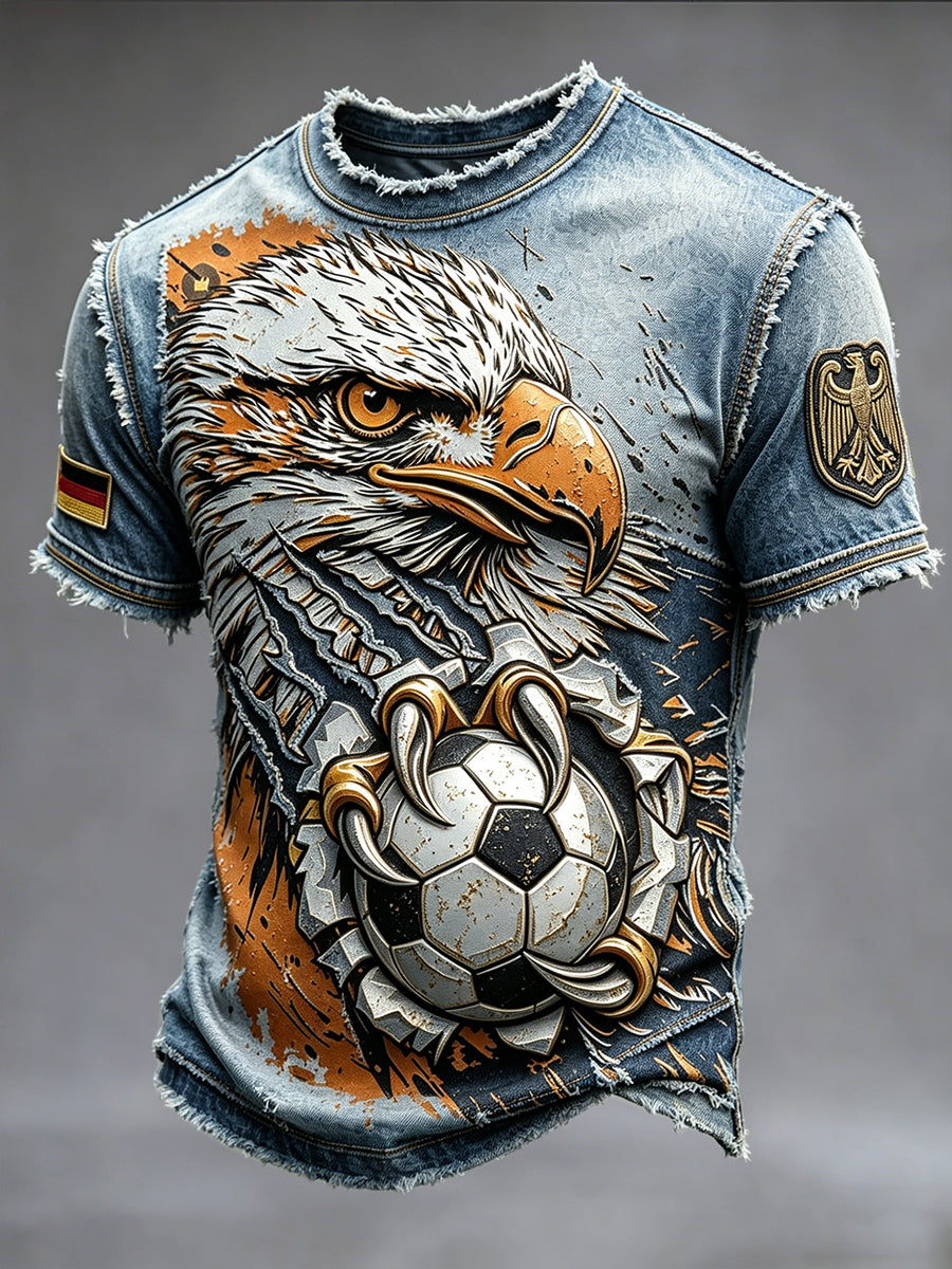 Herren Deutsches Fußball-Adler 3D-gedrucktes Jeans-Effekt-lässiges T-Shirt
