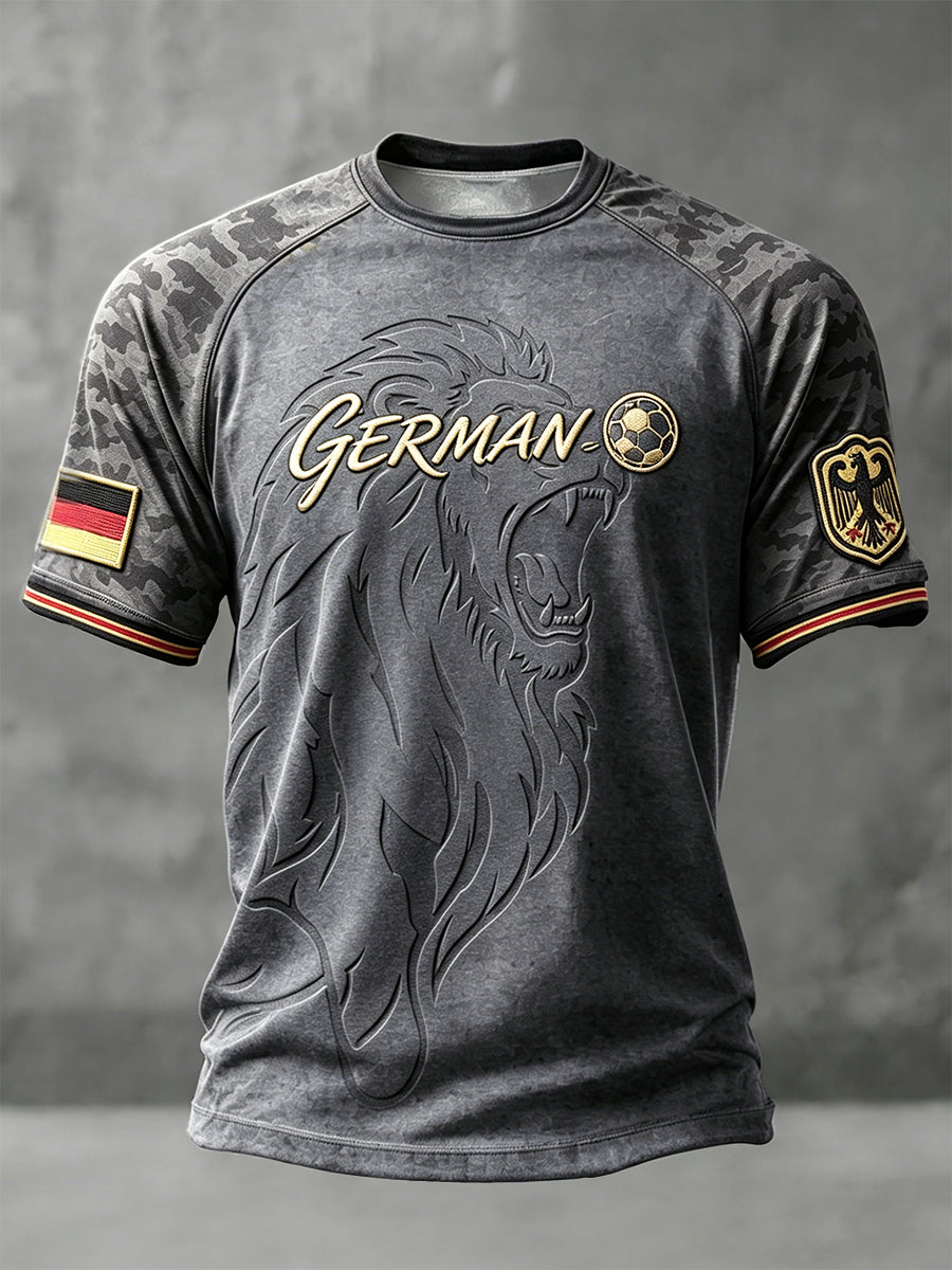 Herren deutsche Fußball Lions Camouflage Patchwork Print Grau Casual T-Shirt