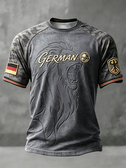 Herren deutsche Fußball Lions Camouflage Patchwork Print Grau Casual T-Shirt