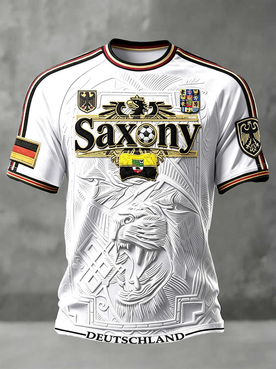 Herren-Weißes, 3D-gedrucktes Freizeit-T-Shirt im deutschen Fußballstil mit sächsischem Design und tief angesetzten Schultern