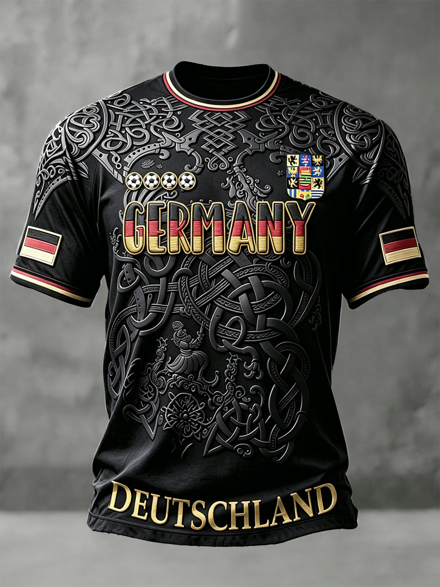 Herren-T-Shirt in Schwarz mit deutschem Fußball- und Sachsen-Print, lässiger Drop‑Shoulder‑Schnitt