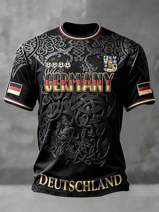 Herren-T-Shirt in Schwarz mit deutschem Fußball- und Sachsen-Print, lässiger Drop‑Shoulder‑Schnitt