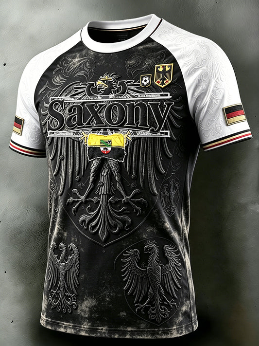 Herren-T-Shirt im deutschen Fußballstil mit sächsischem Patchwork-Print und lässigem Drop‑Shoulder‑Schnitt