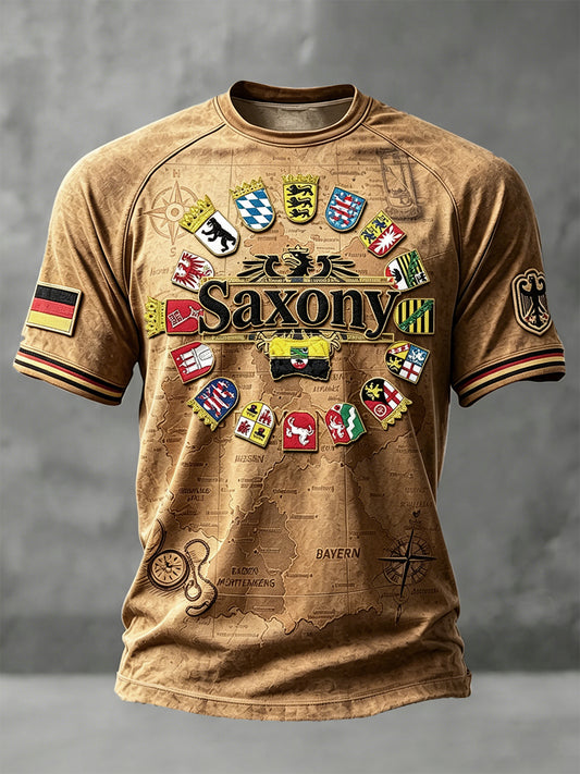 Herren-Retro-Fußball-T-Shirt im deutschen Stil mit Sachsen-Print, lässig, Drop‑Shoulder‑Schnitt