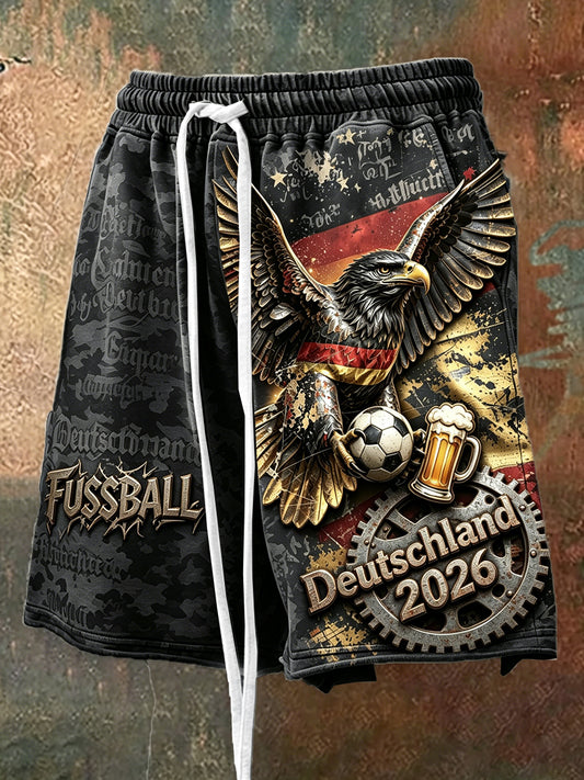 Herren-Shorts in Schwarz im Retro-Stil mit deutschem Fußballadler-Print – lässig und cool