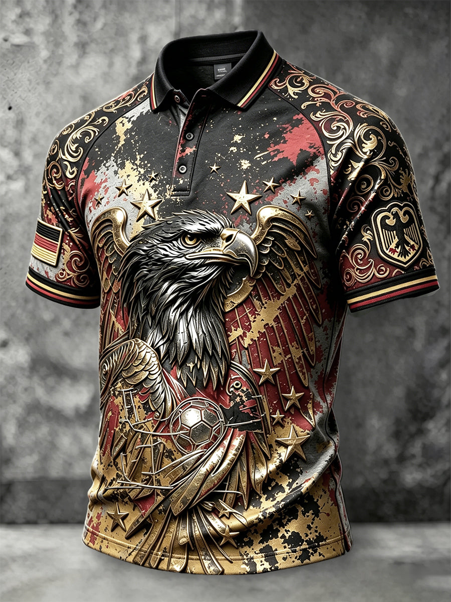 Herren-Poloshirt in Schwarz mit deutschem Fußball-Adler-Print im Punk-Stil, lässig geschnitten