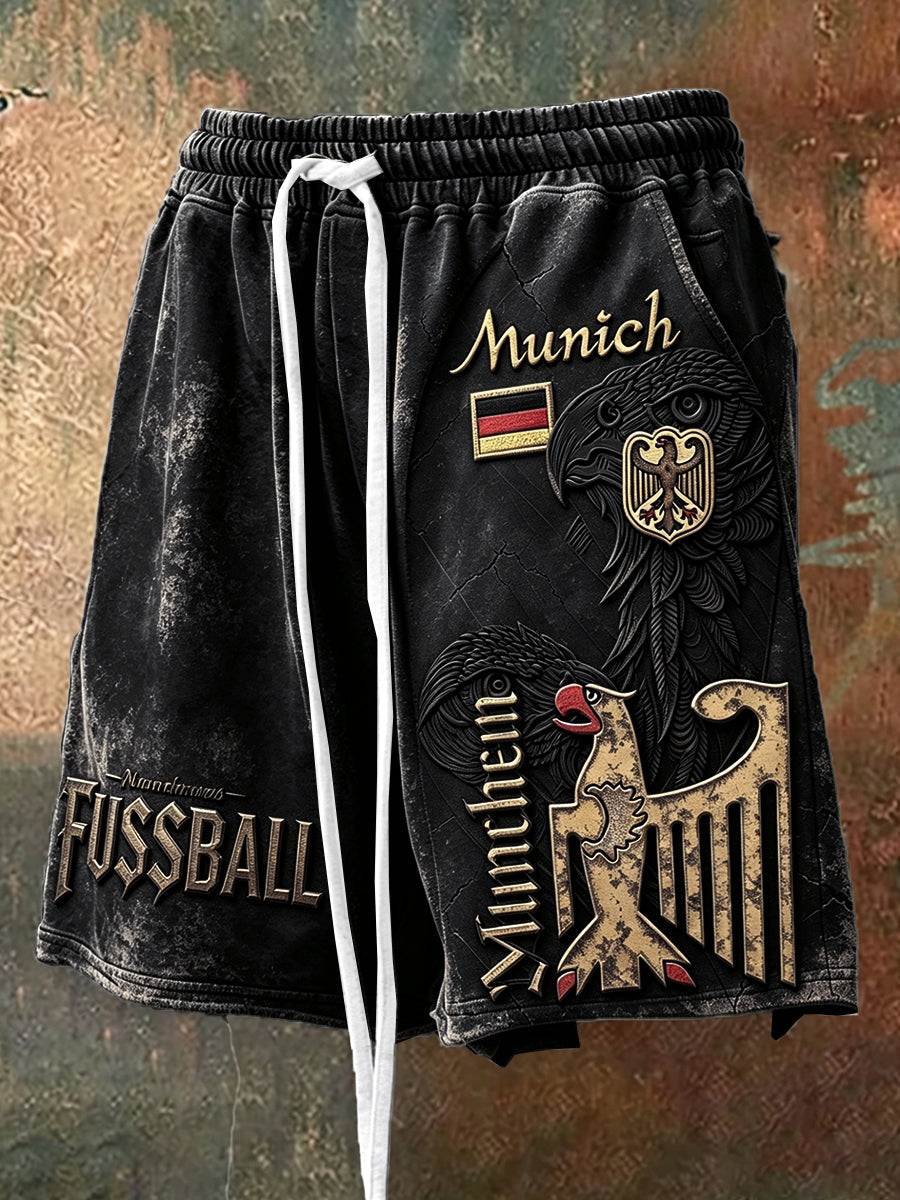 Herren-Shorts in Schwarz mit Retro-München-Print, lässig geschnitten