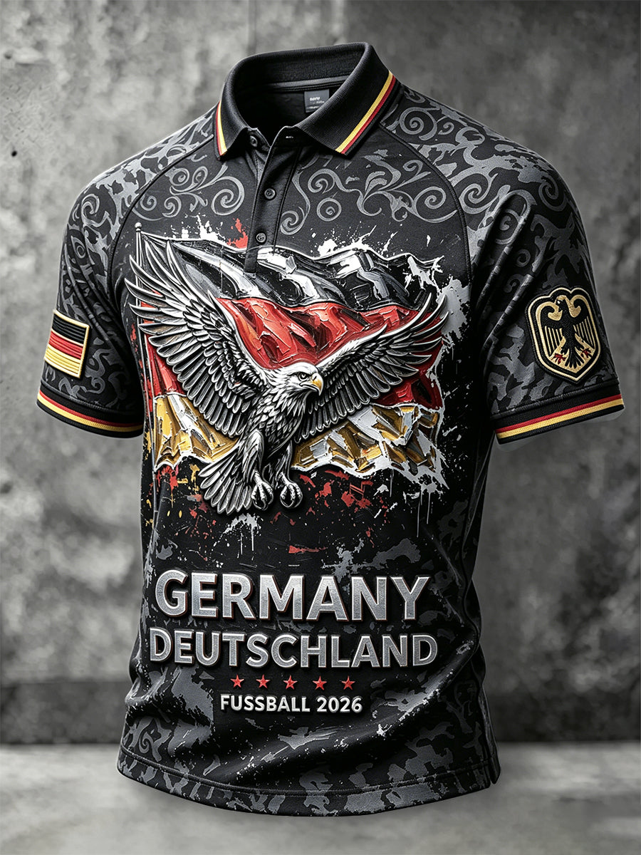 Herren-Poloshirt in Schwarz mit deutschem Adler- und Fußballmotiv von 2026, lässiger Stil