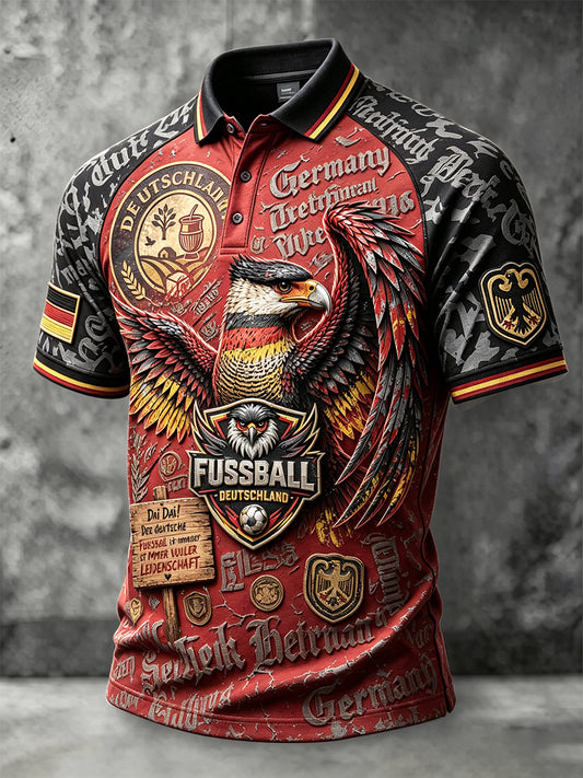 Herren deutsche Fußball Adler Retro Patchwork Print Freizeit Polo Shirt