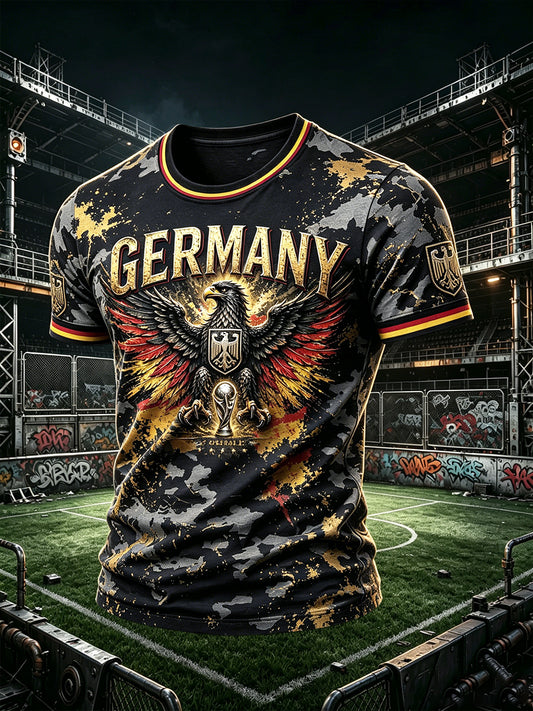 Herren-T-Shirt im Retro-Stil mit deutschen Fußball-Eagles und Camouflage-Print – lässig und cool