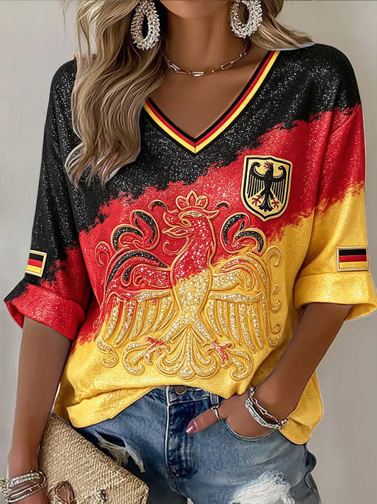Damen-Lässiges V-Ausschnitt-T-Shirt mit deutschem Adler-Print