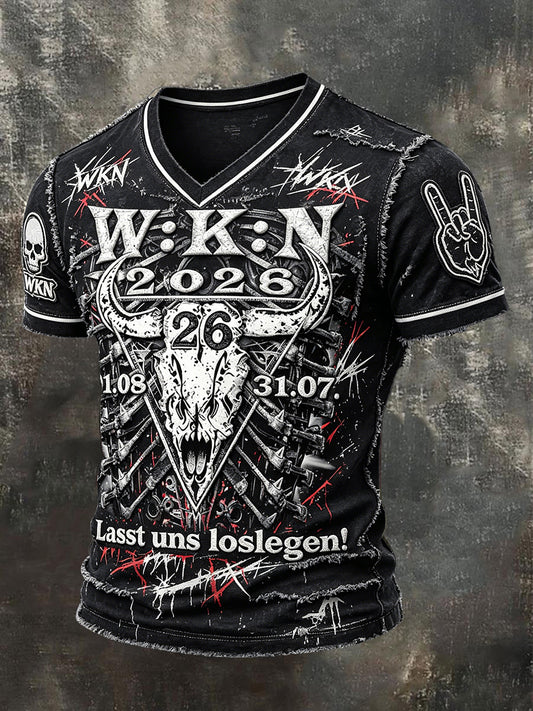 Herren-T-Shirt mit Punk-Print zum Wacken Metal Festival in Deutschland, cooles V-Ausschnitt-Design