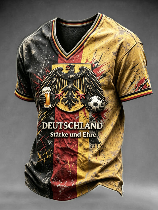 Herren-Flag-Football-T-Shirt mit deutscher Flagge und Biermotiv, lässig, V-Ausschnitt
