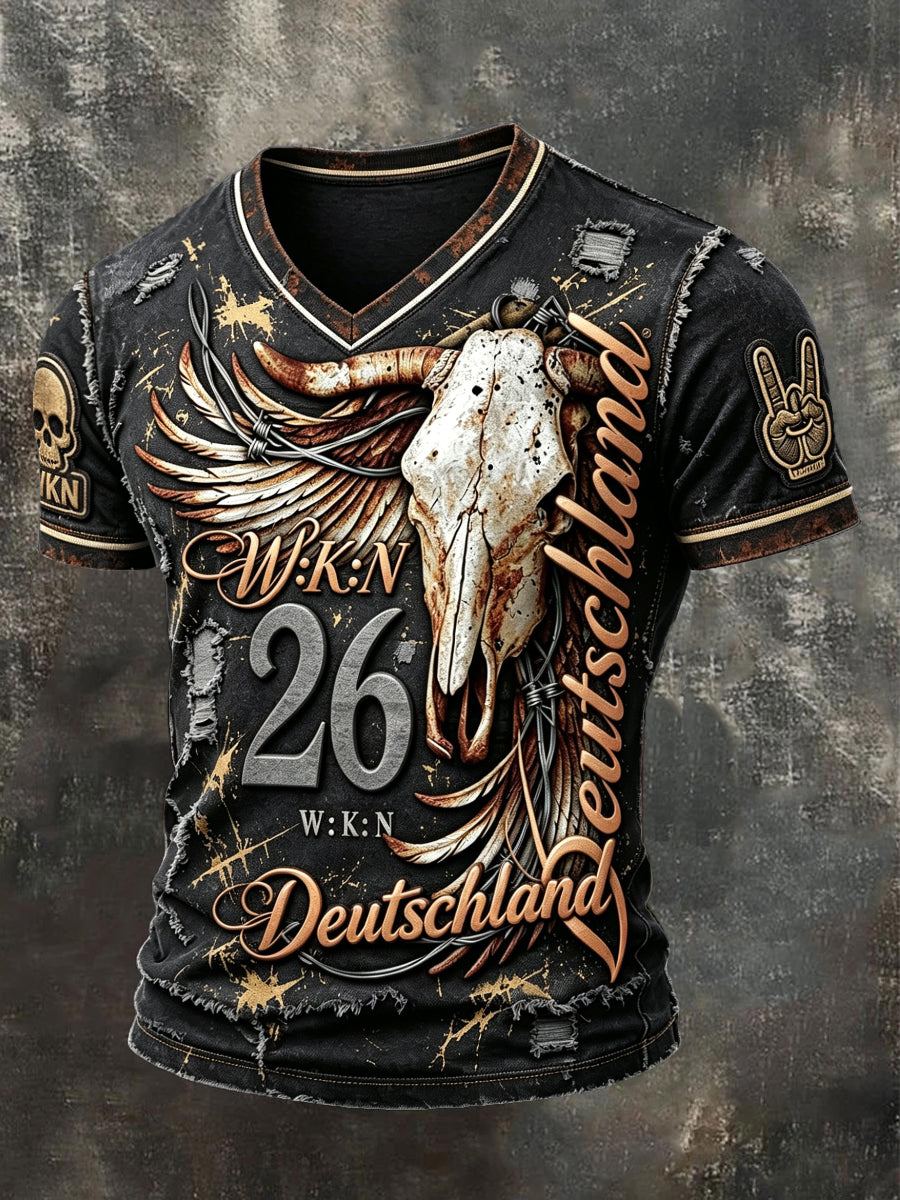 Herren-T-Shirt mit coolem V-Ausschnitt und Punk-Retro-Print zum Wacken Metal Festival 2026 in Deutschland
