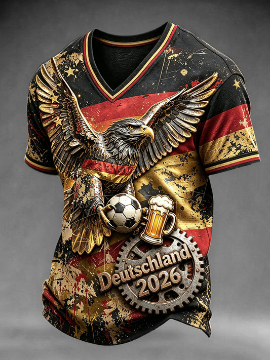 Herren-T-Shirt mit Fußball-Print und V-Ausschnitt im deutschen Adler-Stil – lässig