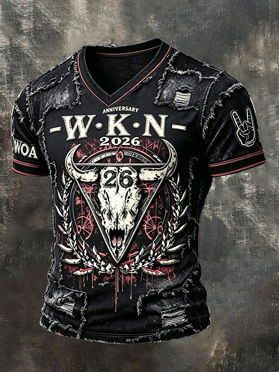 Herren-Vintage-Patchwork-T-Shirt im Wacken-Metal-Festival-Style mit V-Ausschnitt und lässigem Druck