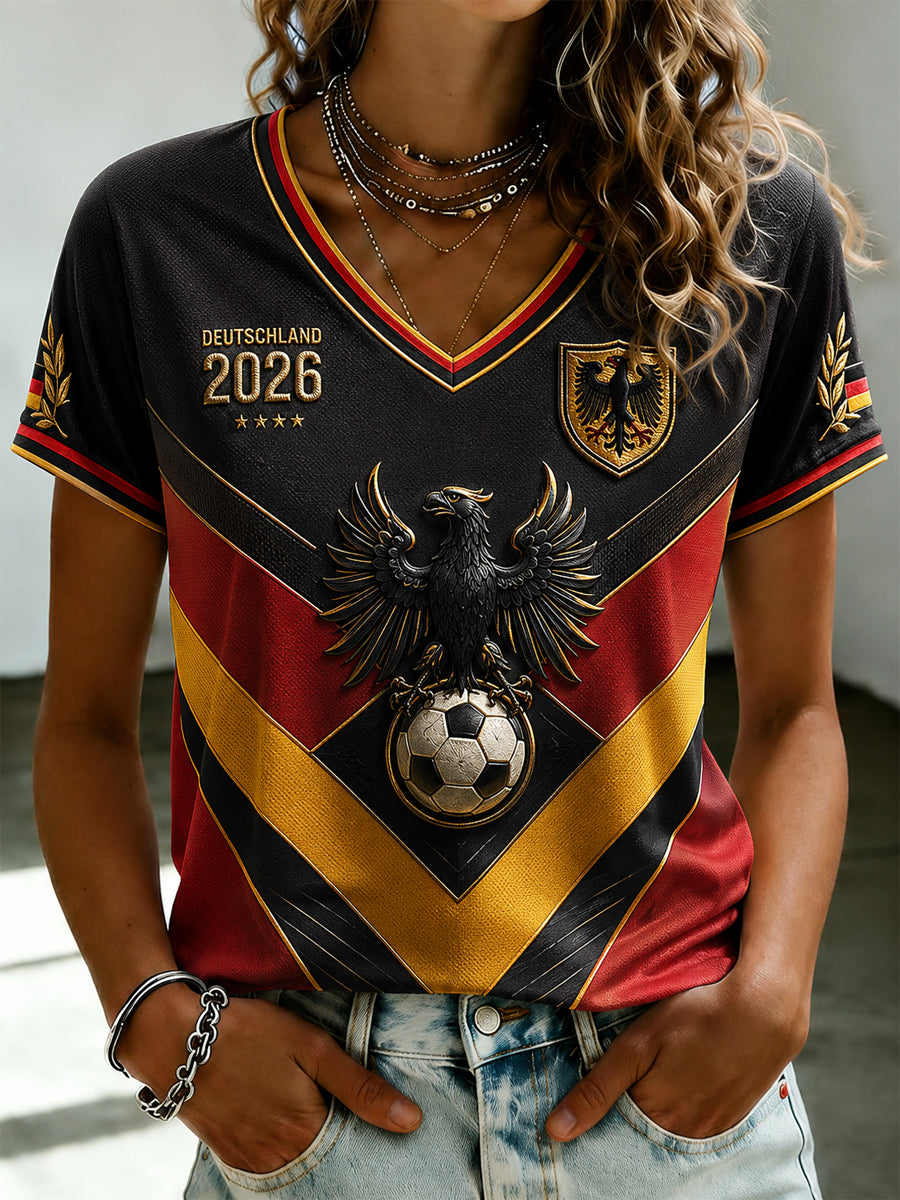Damen-Fußballfan-T-Shirt mit Deutschland-Print und V-Ausschnitt
