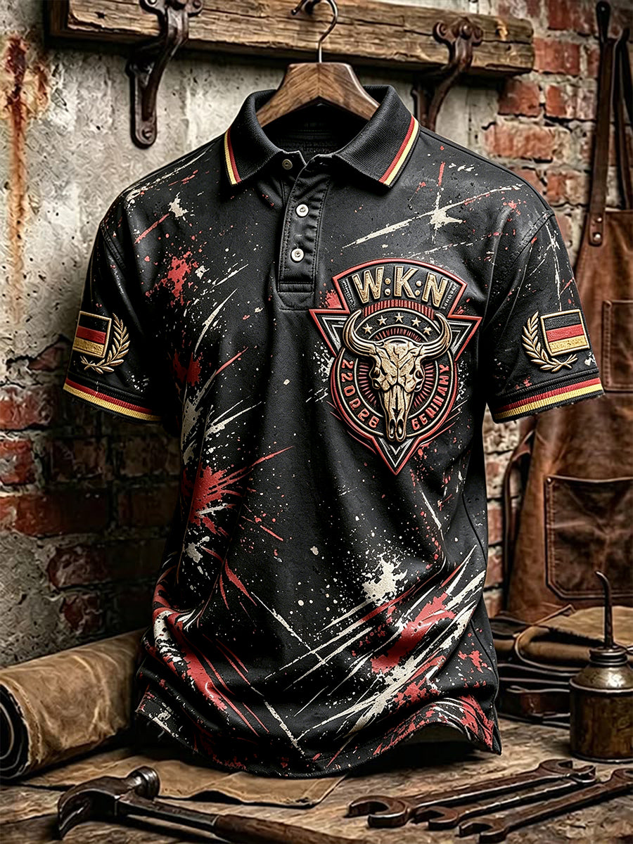 Herren Retro Schwarz Deutsch Wacken Metal Festival Print Casual Punk-Style Polos hirt