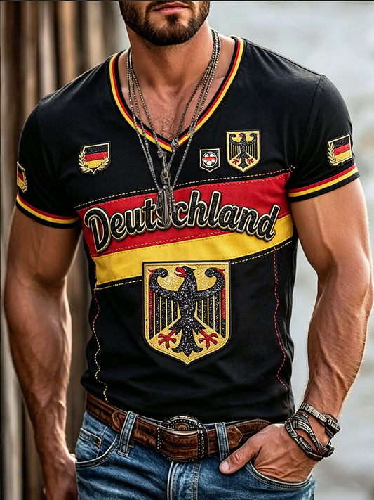 Herren-T-Shirt mit V-Ausschnitt, Herren-Patchwork-Print, lässig