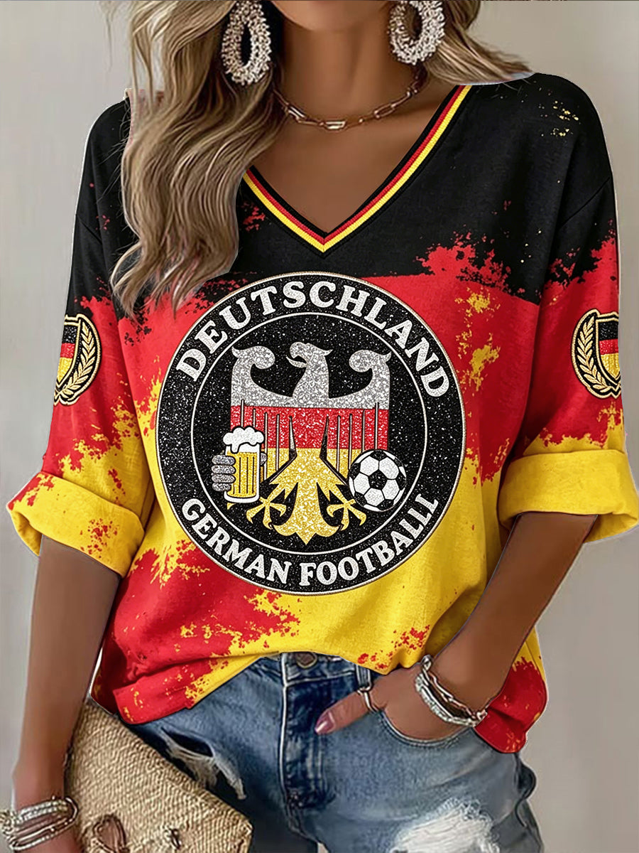 Frauen deutsche Flagge Fußball Bier Pailletten bedruckt Freizeit mode T-Shirt mit V-Ausschnitt