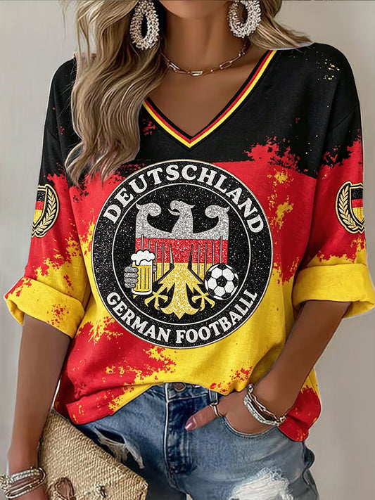 Frauen deutsche Flagge Fußball Bier Pailletten bedruckt Freizeit mode T-Shirt mit V-Ausschnitt