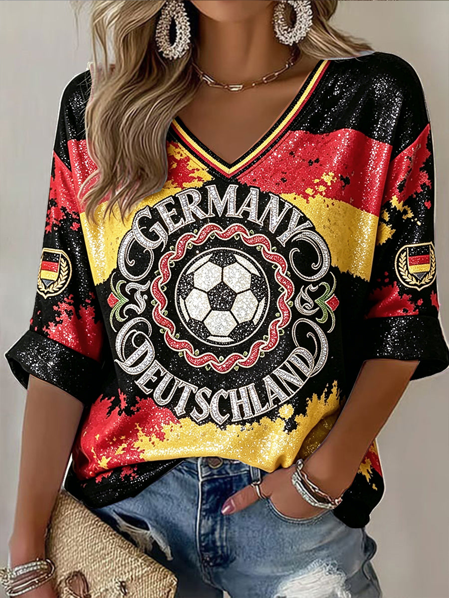Frauen deutsche Flagge Fußball Pailletten bedruckt Freizeit mode T-Shirt mit V-Ausschnitt