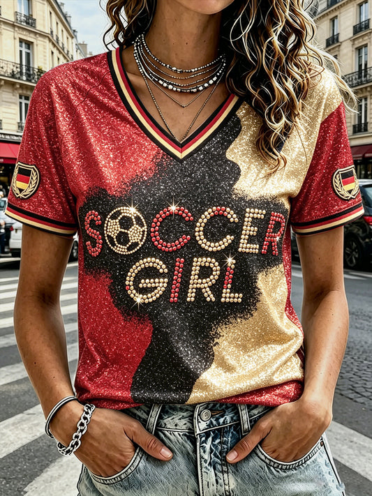 Damen Retro deutsches Fußball-Pailletten bedruckt lässiges T-Shirt mit V-Ausschnitt