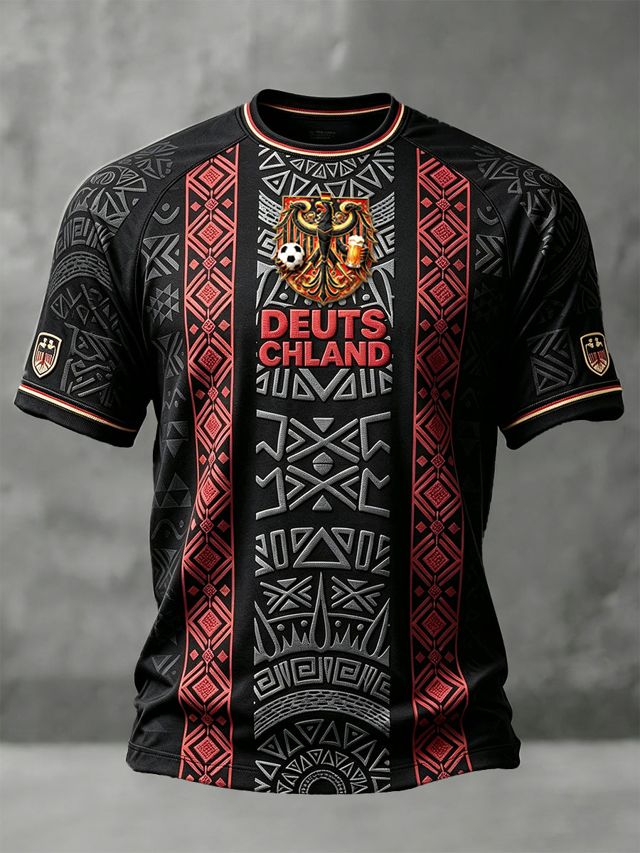 Herren Schwarz Deutsch Fußball Retro Print Casual Drop-Schulter T-Shirt