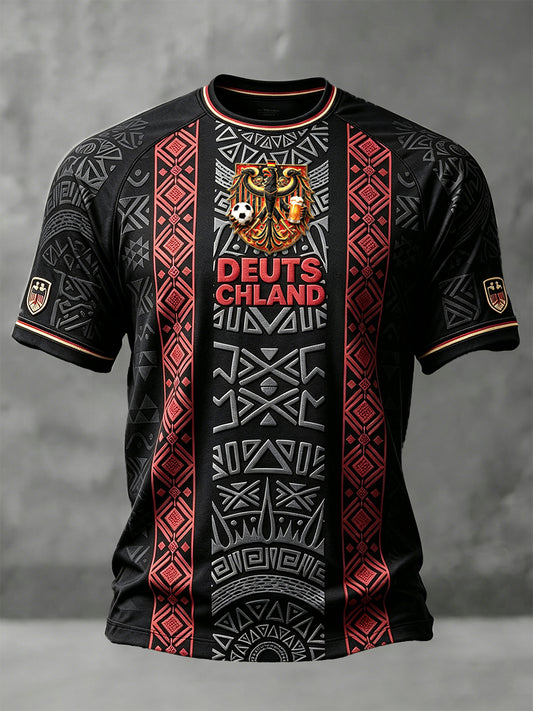 Herren Schwarz Deutsch Fußball Retro Print Casual Drop-Schulter T-Shirt