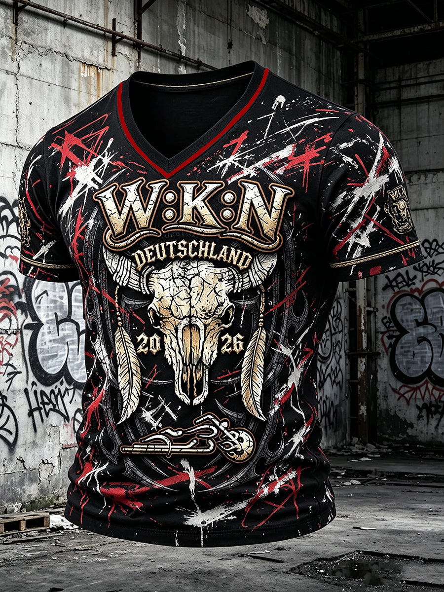 Herren-Retro-T-Shirt im deutschen Wacken-Metal-Festival-Punk-Stil mit V-Ausschnitt und Aufdruck, lässig geschnitten