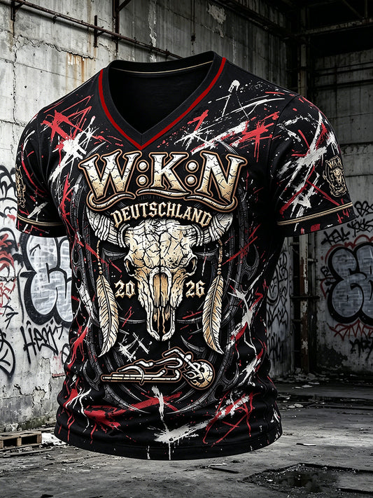 Herren-Retro-T-Shirt im deutschen Wacken-Metal-Festival-Punk-Stil mit V-Ausschnitt und Aufdruck, lässig geschnitten