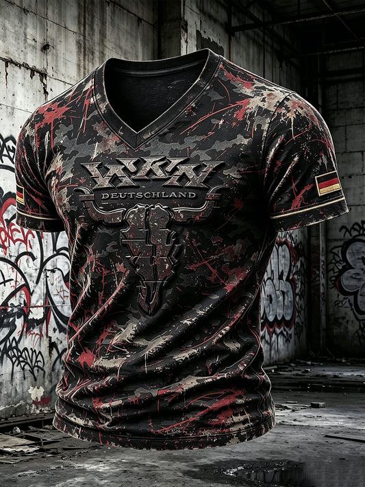Herren-Retro-Camouflage-T-Shirt im Wacken-Metal-Festival-Design, lässig mit V-Ausschnitt