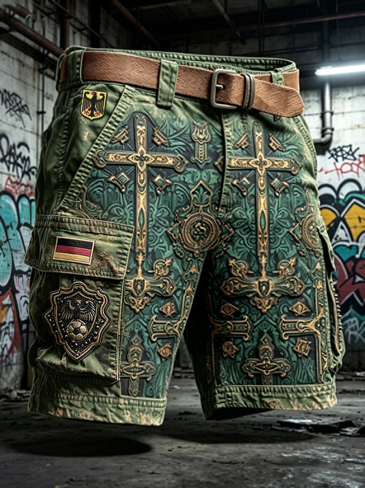 Herren-Shorts im Vintage-Stil, grün, lässig für die Arbeit, mit Kreuzdruck und deutschem Fußballmotiv
