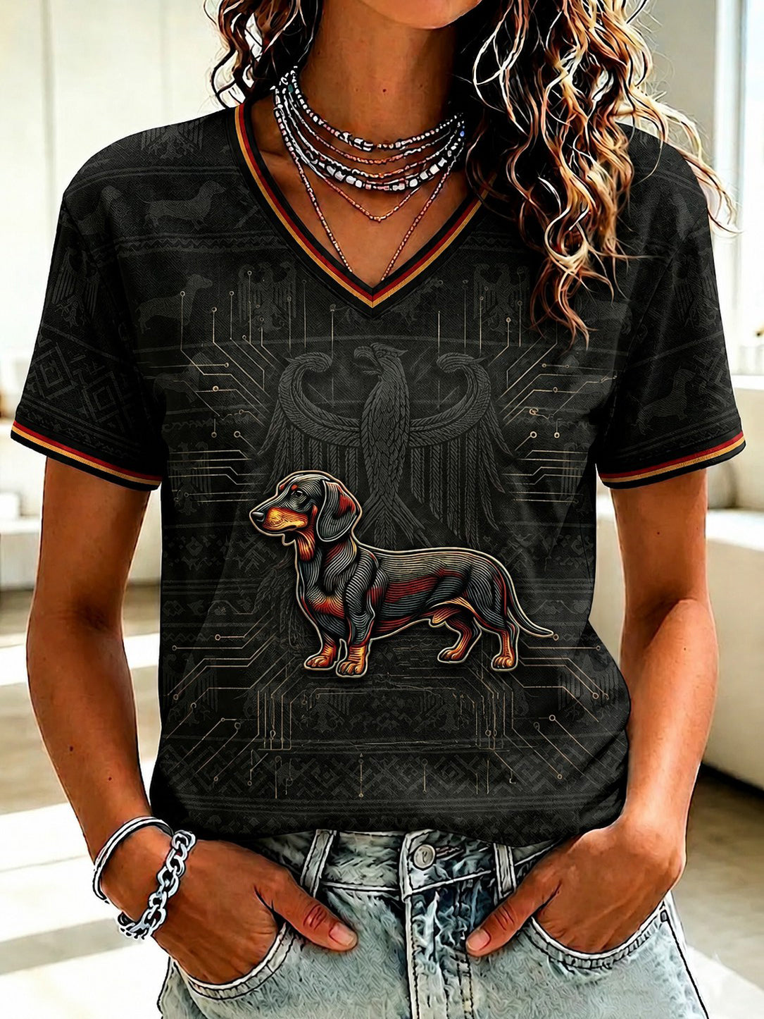 Damen Dackel Bedrucktes T-Shirt mit V-Ausschnitt