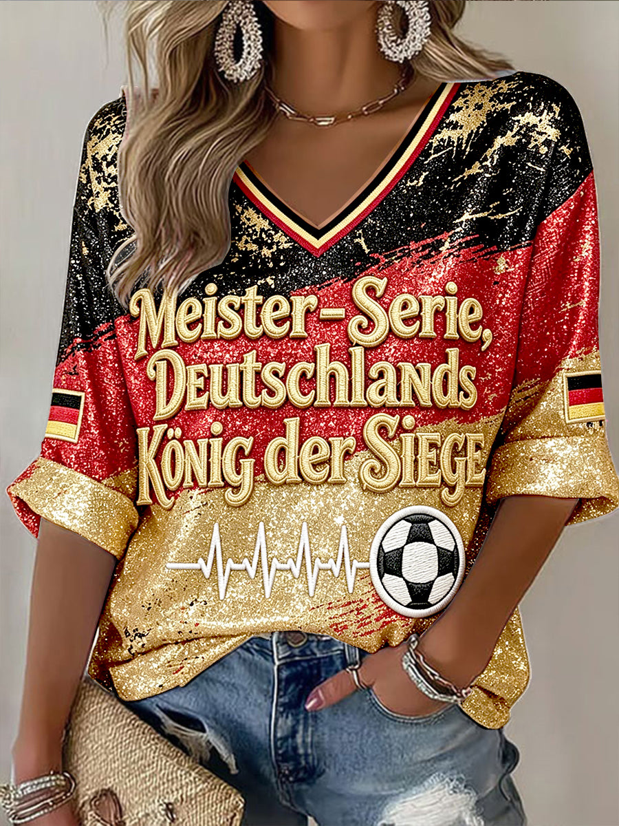 Frauen deutsche Flagge Fußball Glitter Print Freizeit T-Shirt mit V-Ausschnitt