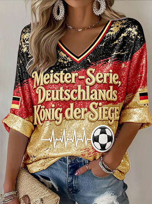Frauen deutsche Flagge Fußball Glitter Print Freizeit T-Shirt mit V-Ausschnitt