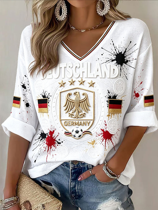 Frauen weiße deutsche Flagge Fußball Graffiti Print Freizeit T-Shirt mit V-Ausschnitt