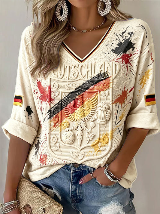 Damen Retro Off-White deutscher Fußball 3D-gedrucktes lässiges V-Ausschnitt T-Shirt