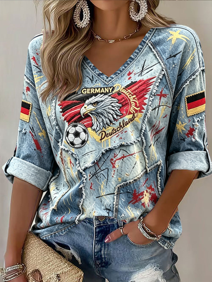 Frauen deutscher Fußball Graffiti Denim Patchwork Print lässig T-Shirt mit V-Ausschnitt