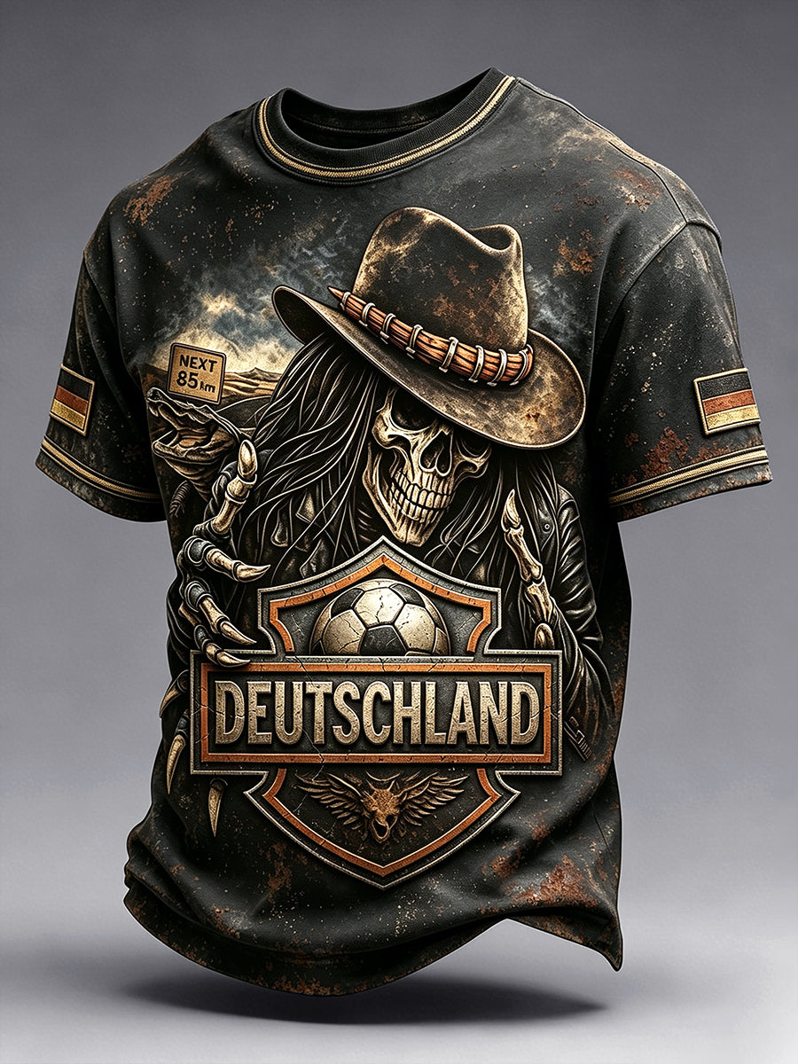 Herren Schwarz Deutsch Fußball Punk-Stil Bedrucktes lässiges T-Shirt