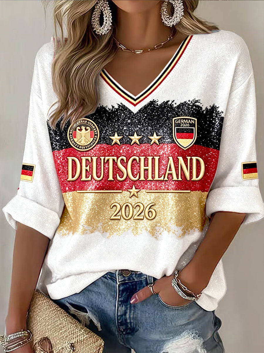 Frauen weiße deutsche Flagge Fußball druck lässig T-Shirt mit V-Ausschnitt