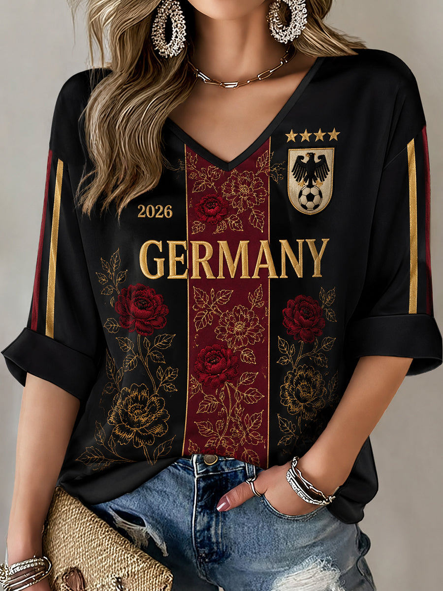 Damen-T-Shirt mit Blumenmotiv, deutschem Fußball-Design und V-Ausschnitt