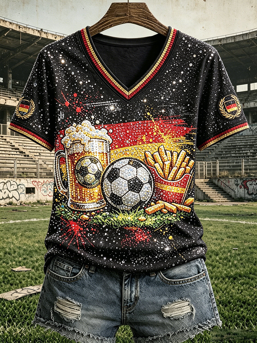 Damen-T-Shirt in Schwarz mit deutschem Fußball- und Paillettenprint, lässiger V-Ausschnitt