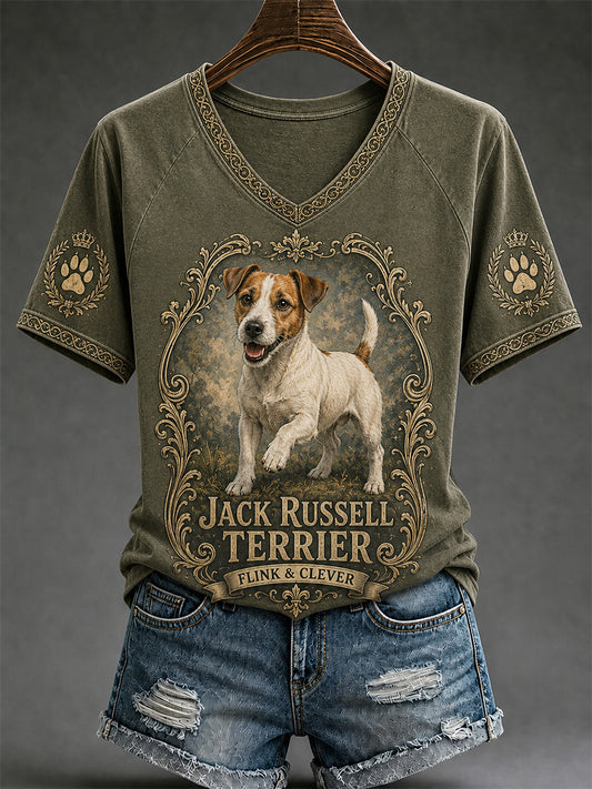Damen-Retro-T-Shirt mit Hunde-Print und V-Ausschnitt, lässig geschnitten