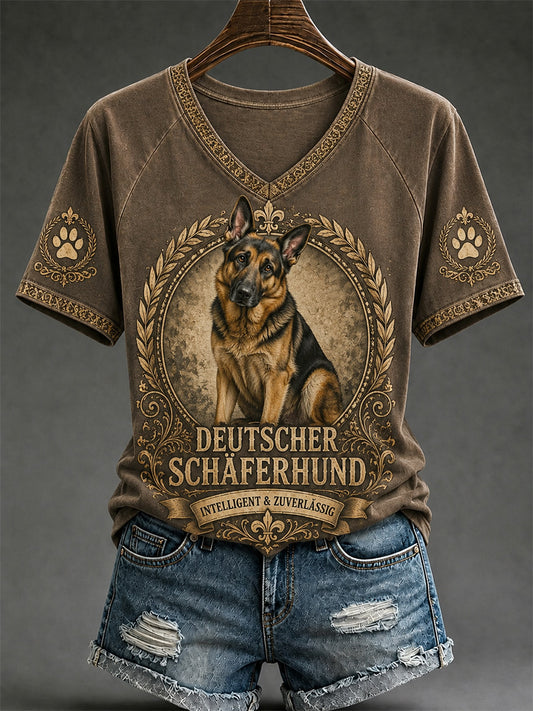 Damen-Retro-T-Shirt mit Hunde-Print und V-Ausschnitt, lässig geschnitten