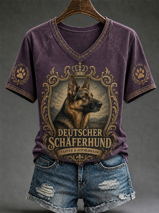 Damen-Retro-T-Shirt mit Hunde-Print und V-Ausschnitt, lässig geschnitten