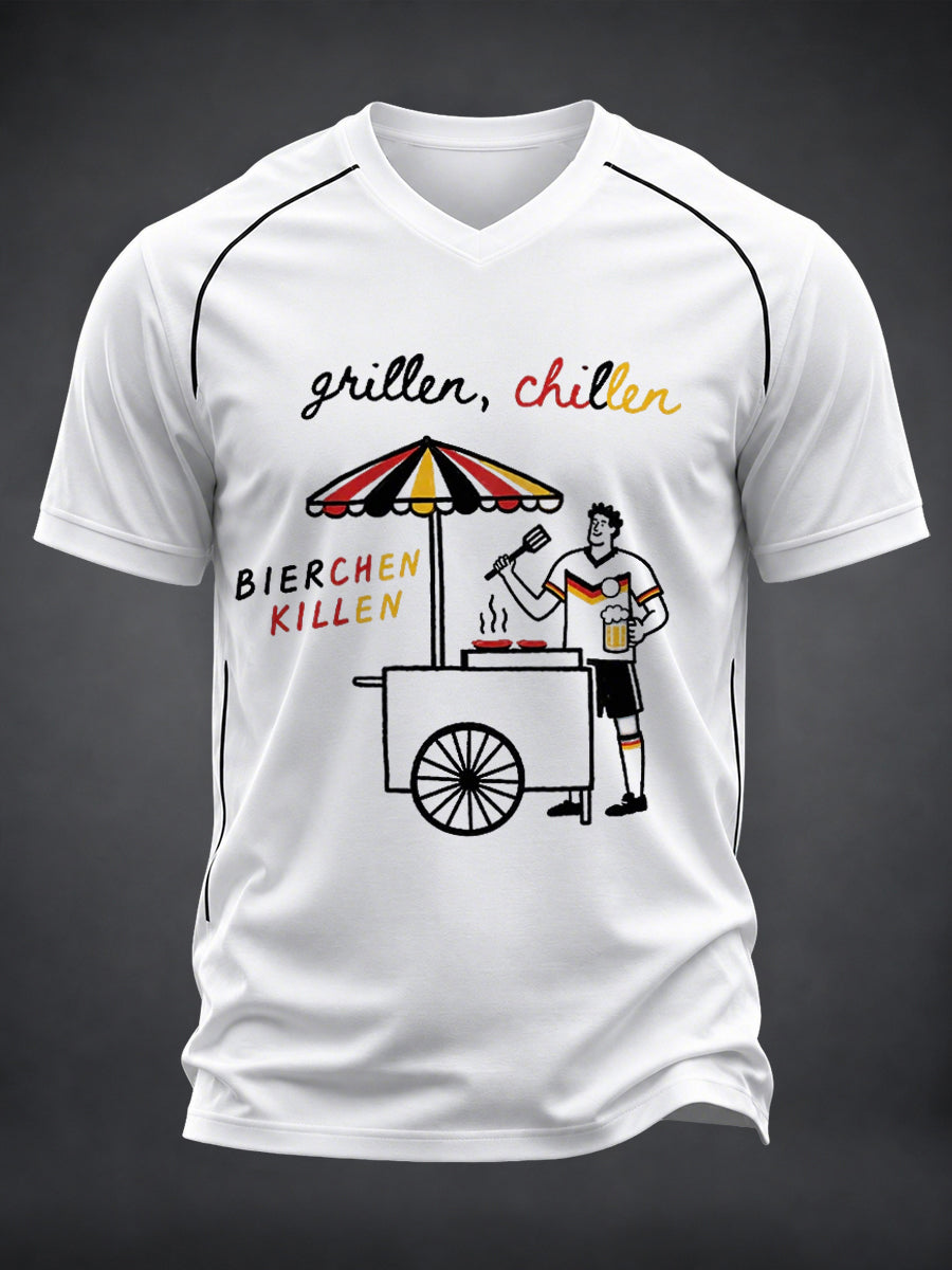 Herren-Fun-T-Shirt mit Fußball- und Bier-Print sowie V-Ausschnitt