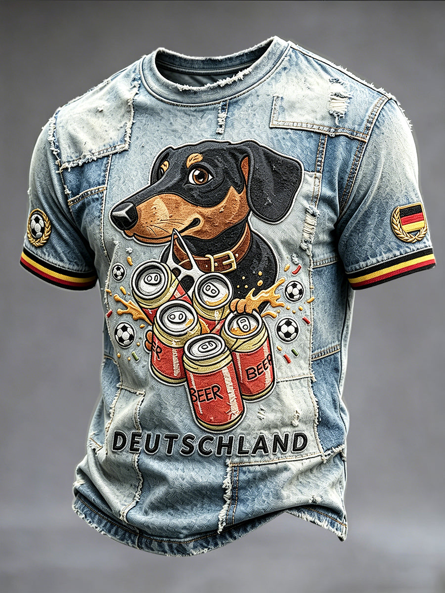 Herren Retro Denim Patchwork Deutsche Wurst Hund Print Freizeit T-Shirt